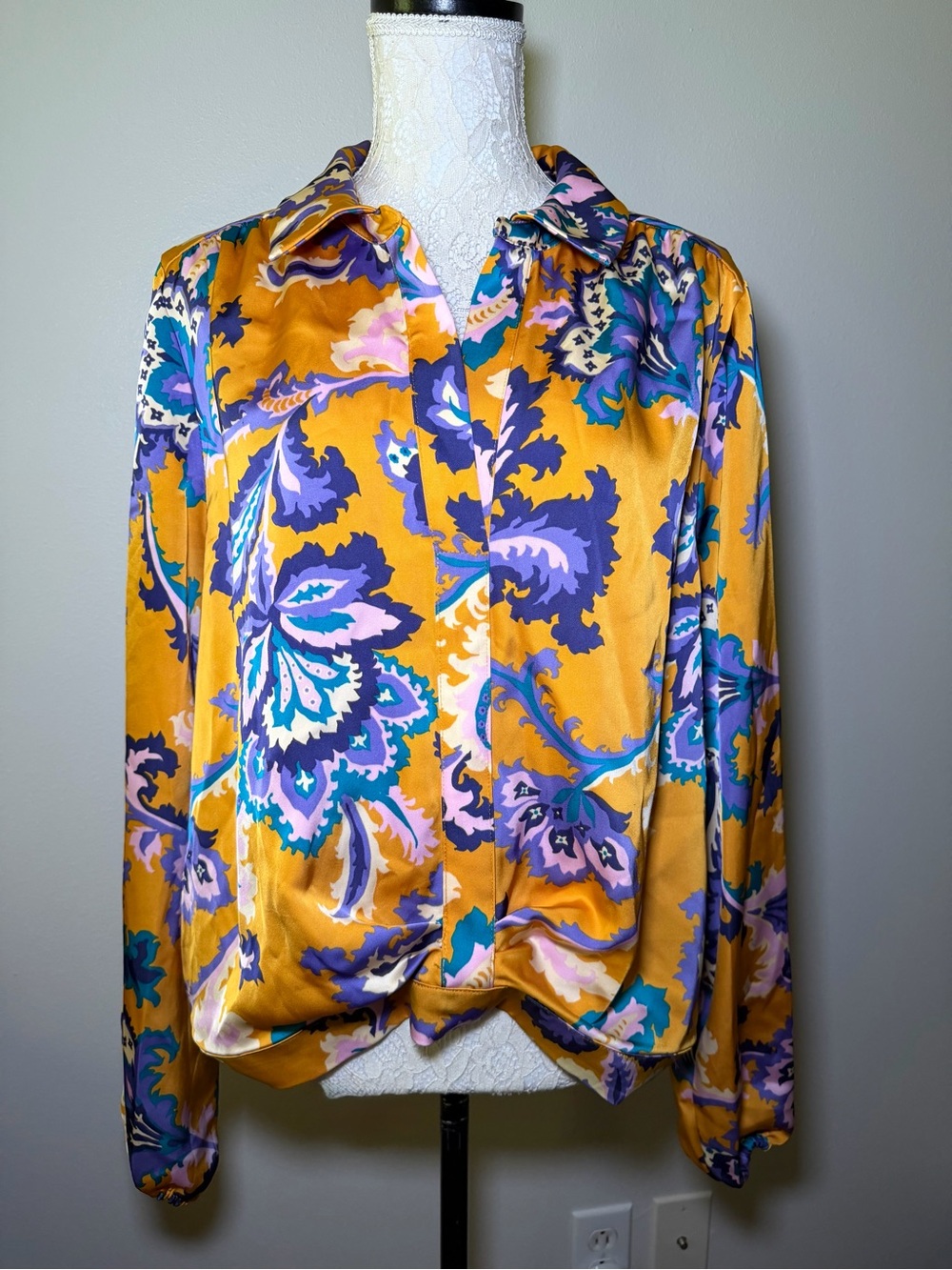 Mustard Floral Satin Button-Front Blouse